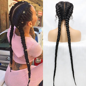 36 Inches Long Lace Front Anytime Synthetic Braided Wigs Lace Front Dutch Twins Braids Wig With Baby Hair for Black Women