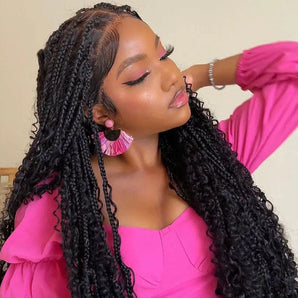 Anytime Full Lace Synthetic Braided Wigs Boho Box Braid Wig Square Knotless Braided Lace Wig with Curly Ends